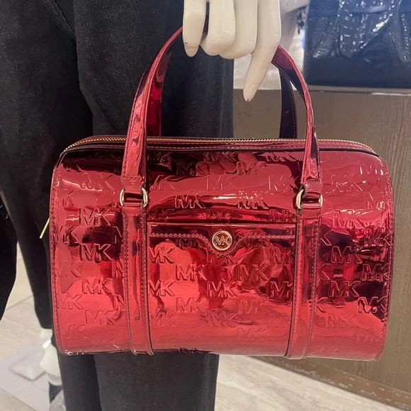 MICHAEL KORS Jet Set Medium Metallic Logo Debossed Satchel
Cherry 
NWT - Picture 7 of 16